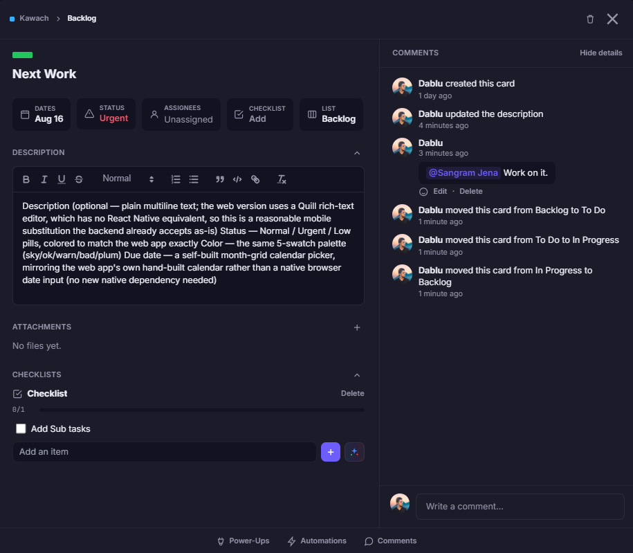 An OrbitZR card open in detail view, showing status, checklist, and comment activity