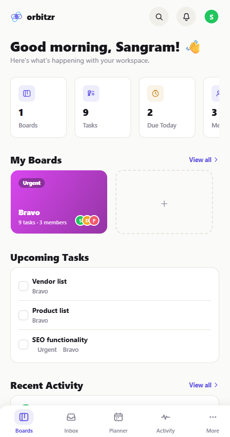 The OrbitZR mobile app showing the Pulse Feed of recent board activity
