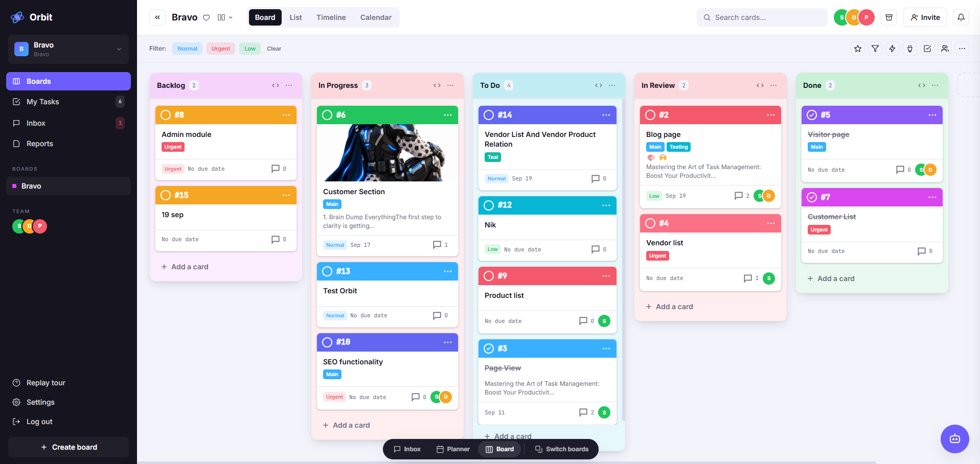An OrbitZR board with Backlog, In Progress, To Do, In Review, and Done lists