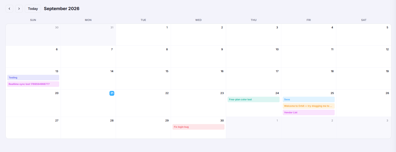 An OrbitZR calendar view showing due dates across a month